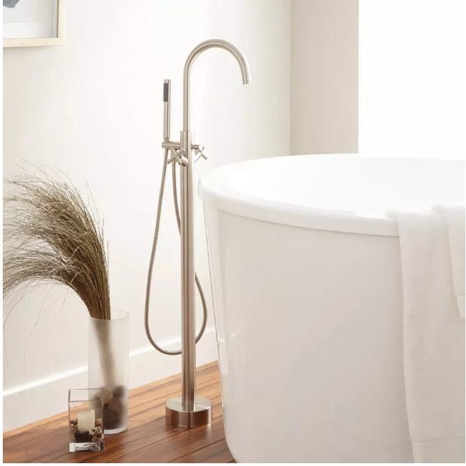 New Brushed Nickel Nerin Gooseneck Freestanding Tub Faucet by Signature Hardware