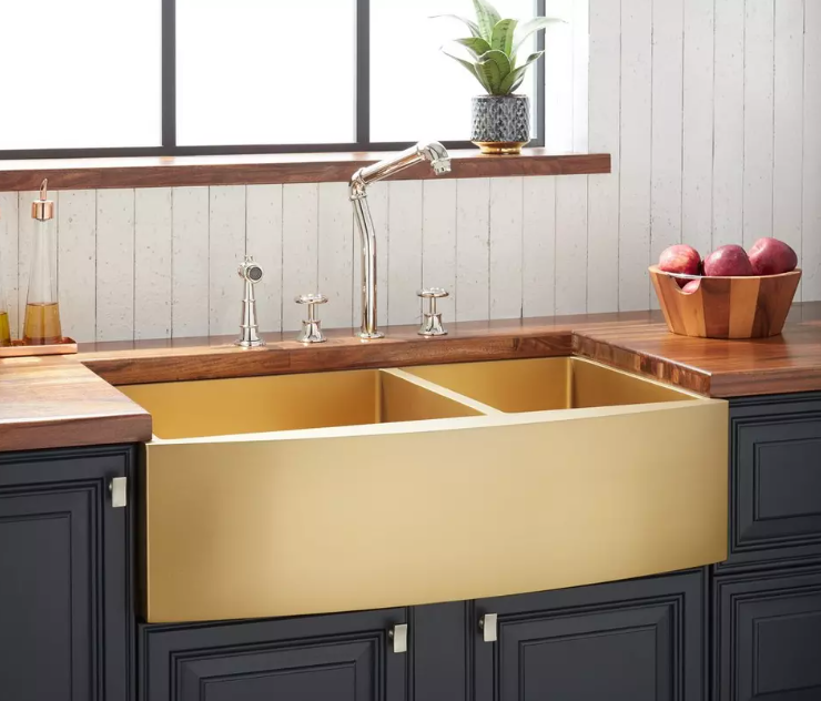 New 33" Matte Gold TK 60/40 Offset Double-Bowl Stainless Steel Farmhouse Sink - Curved Apron by Signature Hardware