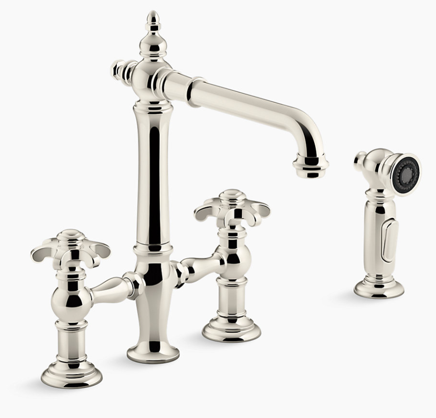 New Vibrant Polished Nickel Artifacts Two-hole bridge kitchen sink faucet with side sprayer by KOHLER