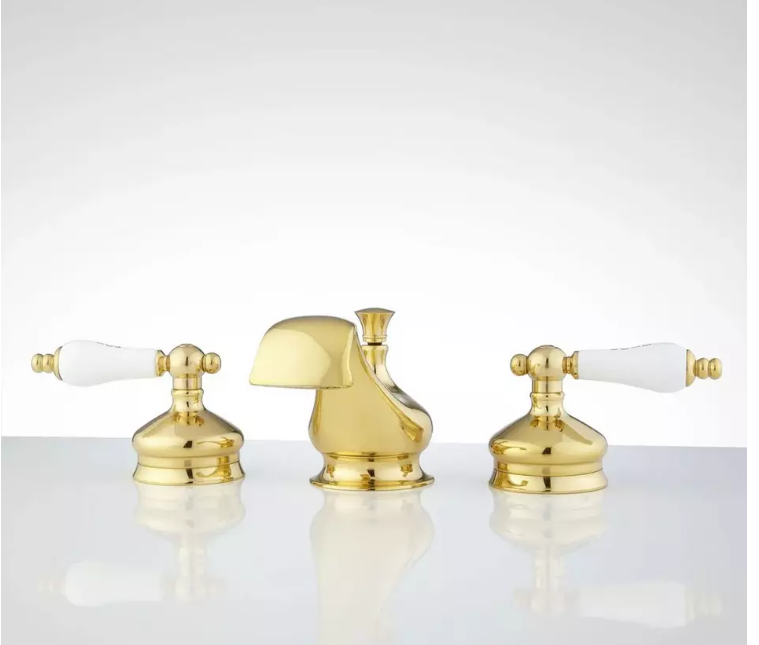 New Polished Brass Shannon Widespread Bathroom Faucet - Porcelain Lever Handles by Signature Hardware