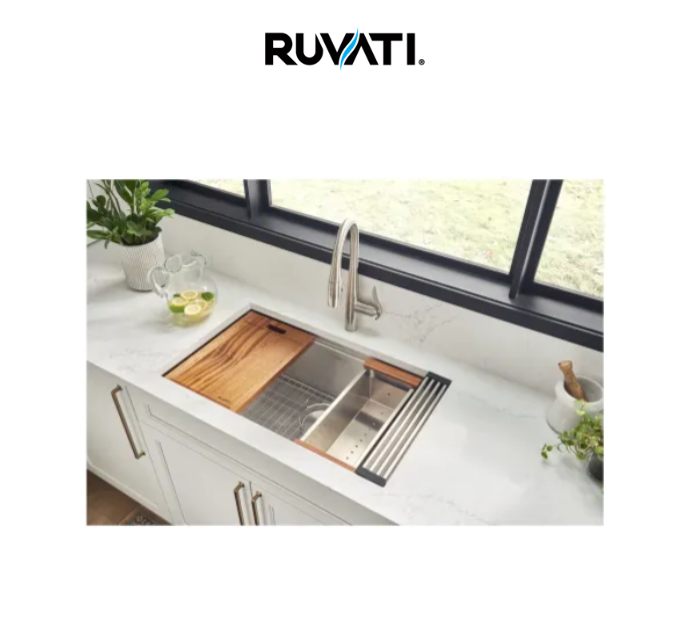 New Roma 32" Undermount Single Basin 16 Gauge Stainless Steel Workstation Kitchen Sink with Basin Rack, Colander, Cutting Board, and Basket Straine by Ruvati