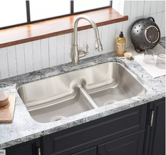 New 32" Calverton Low-Divide Double-Bowl Stainless Steel Undermount Sink by Signature Hardware