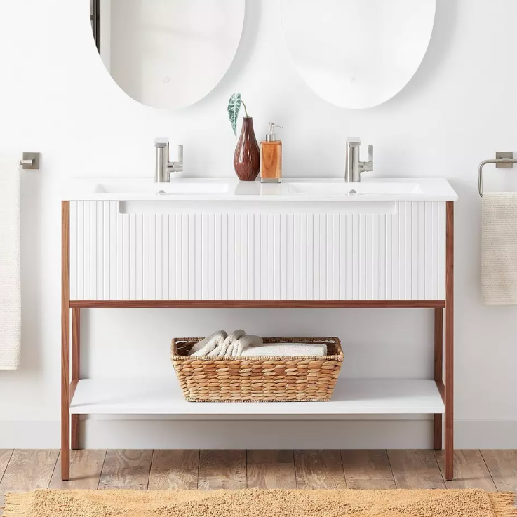 New Matte White 48" Bisbee Console Double Vanity with Warm Oak Frame by Signature Hardware