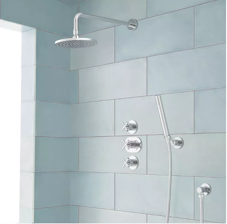 New Chrome Callas Thermostatic Shower System With Rainfall Shower and Hand Shower by Signature Hardware