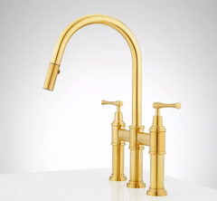 New Brushed Gold 30" Pull Down Bridge Kitchen Faucet With Cylindrical Modern Spray Head. 1.8gpm by Signature Hardware