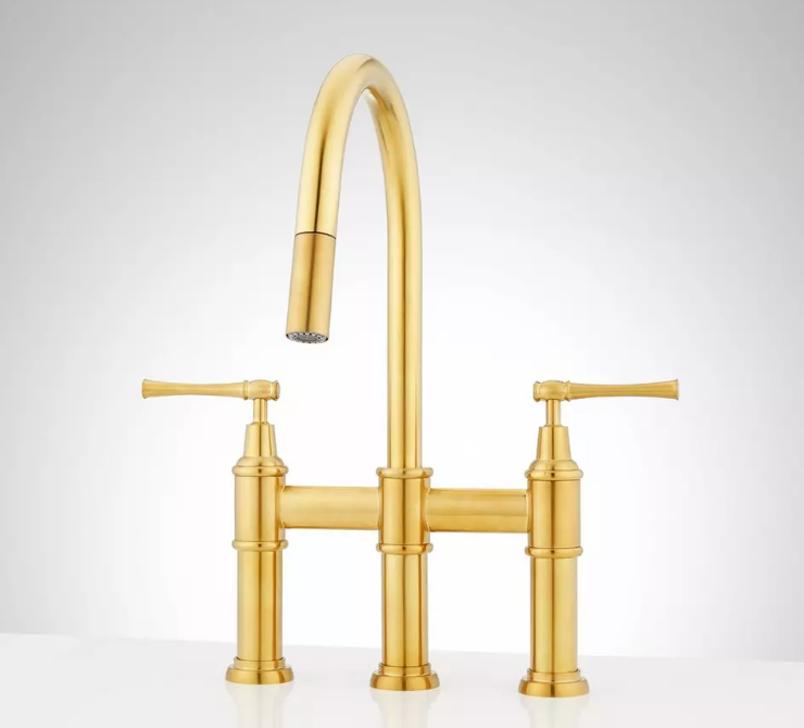 New Brushed Gold 30" Pull Down Bridge Kitchen Faucet With Cylindrical Modern Spray Head. 1.8gpm by Signature Hardware