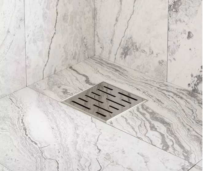 New Brushed Stainless Steel 4" Effendi Square Shower Drain - with Drain Flange by Signature Hardware