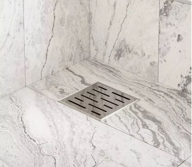 New Polished Stainless Steel  4" Effendi Square Shower Drain - with Drain Flange by Signature Hardware