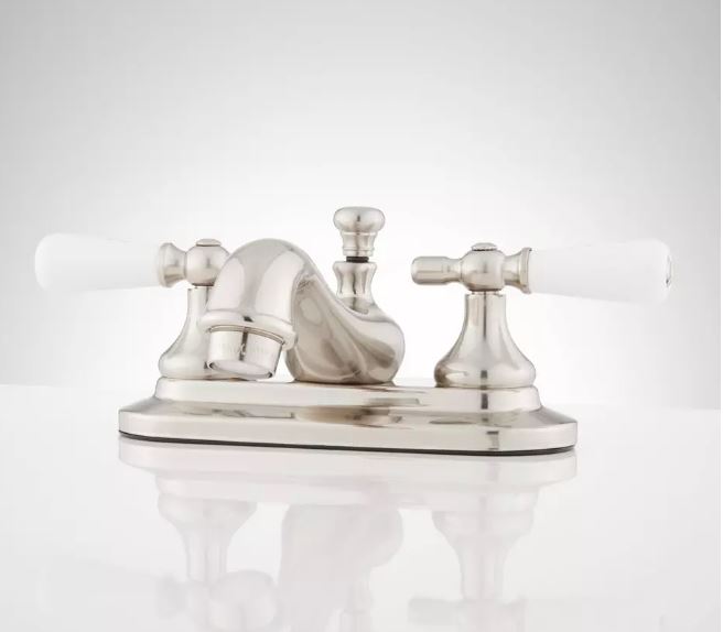 New Brushed Nickel Teapot Centerset Bathroom Faucet - Small Porcelain Lever Handles by Signature Hardware