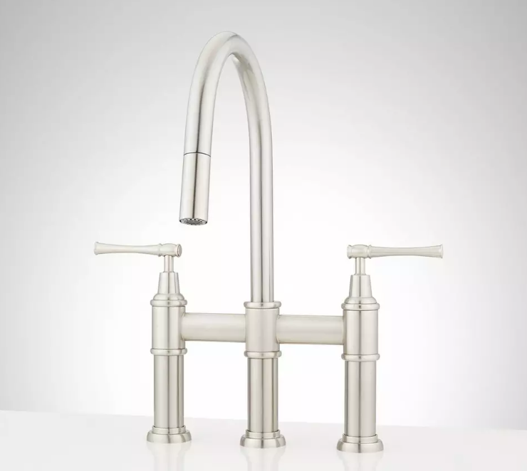 New Brushed Nickel 30" Pull Down Bridge Kitchen Faucet With Cylindrical Modern Spray Head. 1.8gpm by Signature Hardware