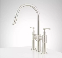 New Brushed Nickel 30" Pull Down Bridge Kitchen Faucet With Cylindrical Modern Spray Head. 1.8gpm by Signature Hardware