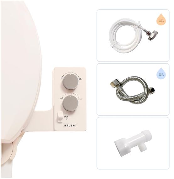 TUSHY Spa Self-Cleaning Warm Water Bidet Attachment with Adjustable Nozzle Angle and Pressure Control. Easy DIY Home Install, Requires Sink Access for Water Temperature Control. (Biscuit/Platinum)