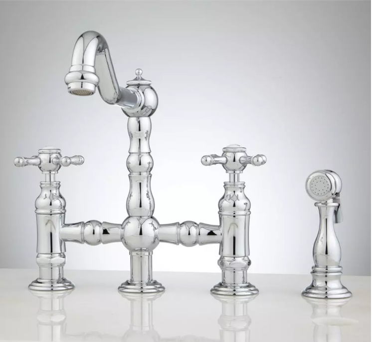 New Chrome Delilah Deck-Mount Bridge Faucet with Side Spray - Cross Handles by Signature Hardware