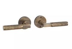 New Straight Knurled Solid Satcher Brass Private Interior Door Set w/ Round Escutcheon Lever Handle - Left Hand by Signature Hardware