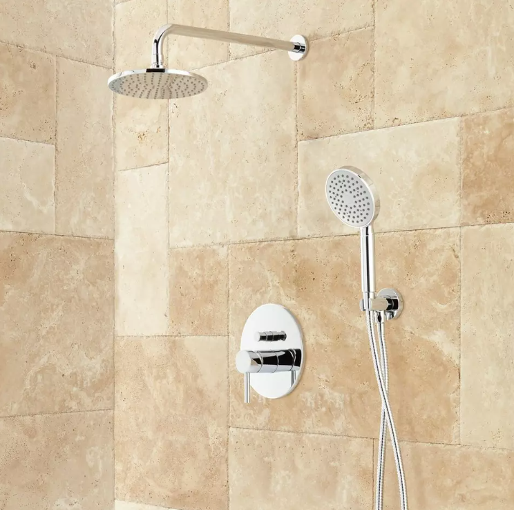 New Chrome Lattimore Shower System with Rainfall Shower Head & Hand Shower by Signature Hardware