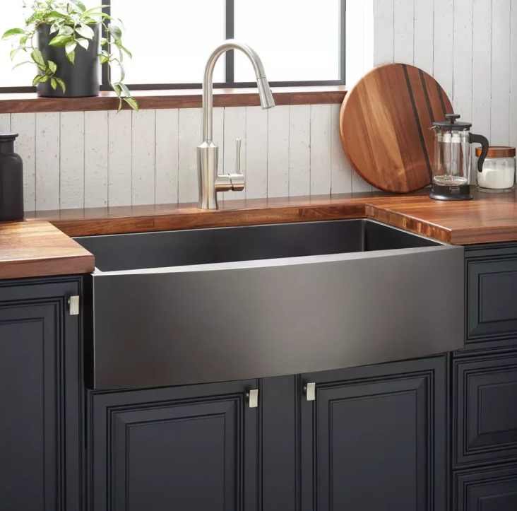 New Gunmetal Black 30" Atlas Stainless Steel Farmhouse Sink - Curved Apron by Signature Hardware