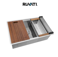 New Roma 32" Undermount Single Basin 16 Gauge Stainless Steel Workstation Kitchen Sink with Basin Rack, Colander, Cutting Board, and Basket Straine by Ruvati