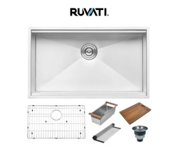 New Roma 32" Undermount Single Basin 16 Gauge Stainless Steel Workstation Kitchen Sink with Basin Rack, Colander, Cutting Board, and Basket Straine by Ruvati