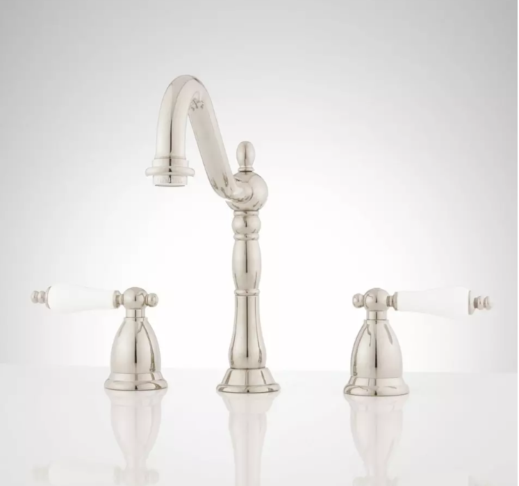 New Brushed Nickel Victorian Gooseneck Bathroom Faucet & Porcelain Lever Handles by Signature Hardware