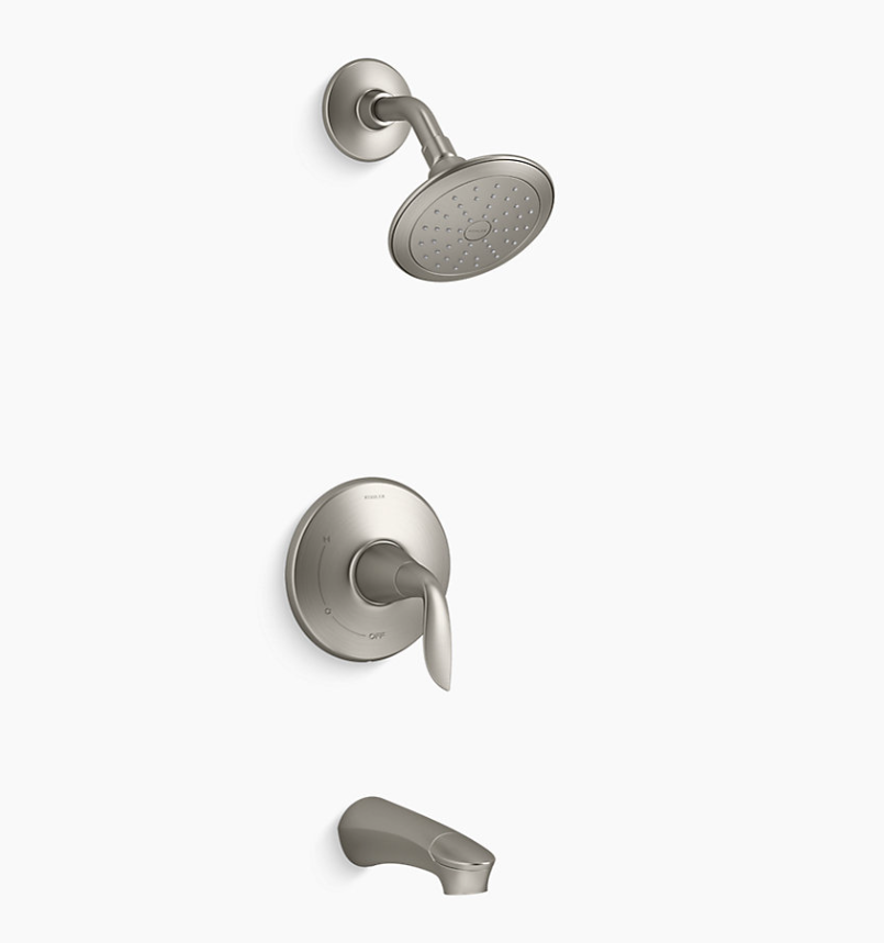 New Brushed Nickel Refinia Rite-Temp bath and shower trim with 1.75 gpm showerhead by KOHLER