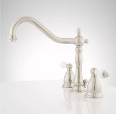 New Brushed Nickel Victorian Gooseneck Bathroom Faucet & Porcelain Lever Handles by Signature Hardware