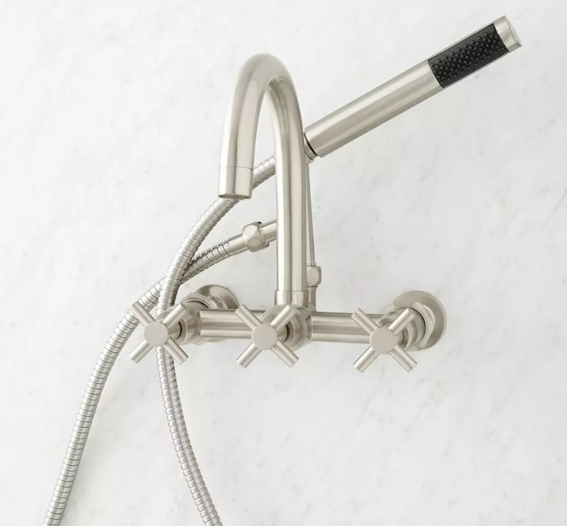 New Brushed Nickel Sebastian Tub Faucet and Hand Shower with Variable Centers and Cross Handles - Signature Hardware