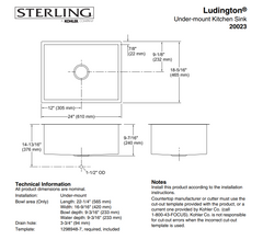 Nouvel évier de cuisine Ludington® en acier inoxydable satiné, 24 x 18-5/16 po, sans trou, à cuve unique, sous plan, en acier inoxydable, par Sterling