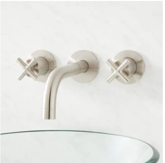 New Brushed Nickel Exira Wall Mount Bathroom Faucet with Cross Handles by Signature Hardware