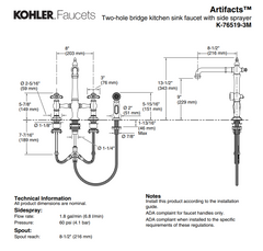 New Vibrant Polished Nickel Artifacts Two-hole bridge kitchen sink faucet with side sprayer by KOHLER