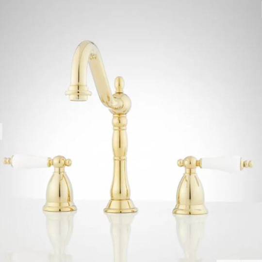 New Polished Brass Victorian Gooseneck Bathroom Faucet & Porcelain Lever Handles - Signature Hardware