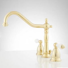 New Polished Brass Victorian Gooseneck Bathroom Faucet & Porcelain Lever Handles - Signature Hardware