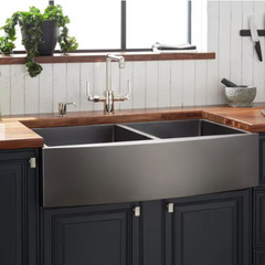 New 33" Gunmetal Black Atlas Double Bowl Stainless Steel Farmhouse Sink with Curved Apron