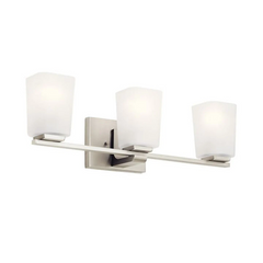 New Brushed Nickel Lighting Roehm 3 Light Bath Vanity Approved for Damp Locations w/ Satin Etched Glass - Kichler